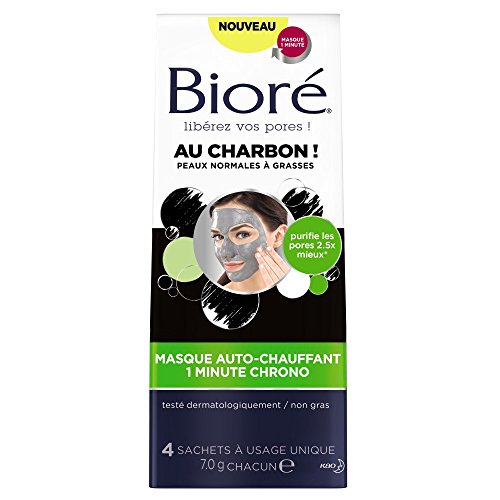 BIORÉ MASQUE AUTO-CHAUFFANT 1 MINUTE CHRONO AU CHARBON - se réchauffe au contact de l'eau pour purifier les pores en 1 minute - 4 sachets à usage unique Cover