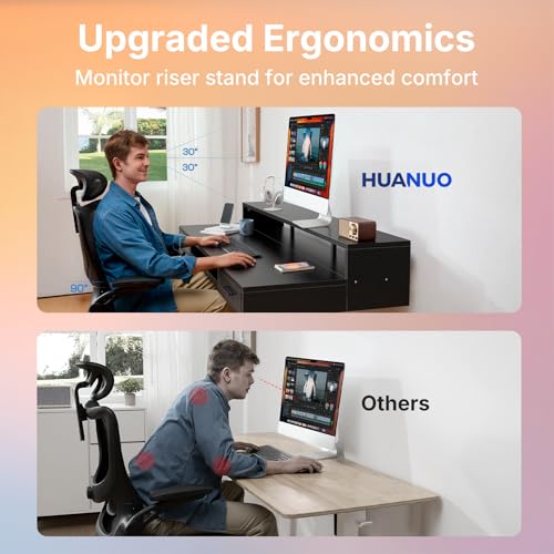 Image of HUANUO 55″ x 26″ Electric Standing Desk with 2 Drawers &24.4″ Large Keyboard Tray, C-Clamp Mount Compatible, Adjustable Computer Desk for Office, Sit Stand Up Desk with 4 Height Presets, Black