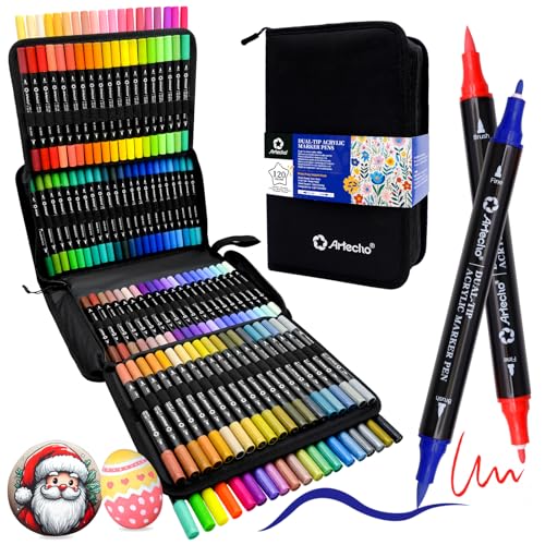 Image of Artecho Acrylic Paint Markers 120 Colors with Bag, Acrylic Paint Pens with Brush Tip and Fine Tip for Stone, Rock Painting, Paper, Pumpkin, Wood, Egg, Canvas, Ceramic, Fabric, leather, Glass
