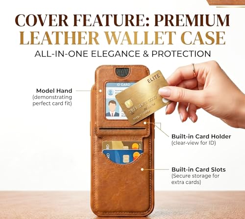 Image of amazon basics Premium Vegan Leather Back Cover with Card Holder and Integrated Mobile Stand for iPhone 17 Pro - Slim Shockproof Wallet Case with Geometric Stitching [Tan]