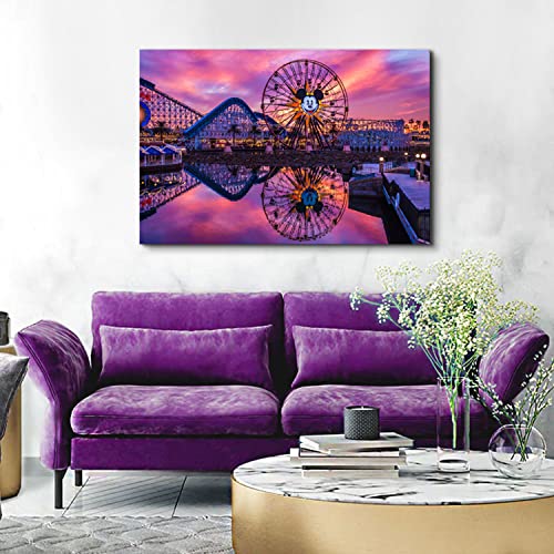 Image of Disney Ferris Wheel Canvas Wall Art Sunset Disneyland Skyline Wall Decor 32x48 inch, Large Mickey Castle Park Landscape Panoramic Pictures Paintings Artwork for Living Room Bedroom Office Home Decoration