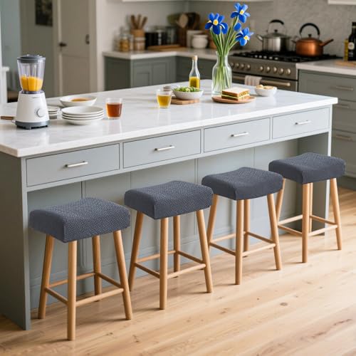 Image of Waterproof Bar Stool Covers Set of 4 Rectangle Jacquard Stretchable Backless Barstool Seat Cover Dark Grey Counter Bar Stool Slipcovers Washable