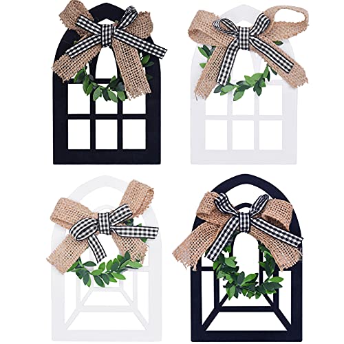 4-Piece Wooden Farmhouse Window Black and White Lattice Tiered Tray Decoration Cathedral Arched Window Wall Decor Home Kitchen Shelf Tier Photo Props Mini Rustic Window Frame Decoration Items (4 pcs)