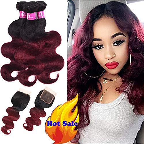 Ombre 1b/99j Remy Hair 3 Bundles With Closure 1B/Burgundy Two Tone Color Unprocessed Brazilian Virgin Human Hair Extensions Weave Body Wave Free Part Closure With Hair Weft (10 12 14+10 Inch Closure)