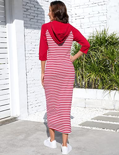 Image of MISSKY Women Casual Pocket Quarter-Zip Neck 3 /4 Sleeve Slim Split Pullover Hoodie Maxi Dress