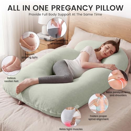 Image of Jcickt Pregnancy Pillow for Sleeping,59 inch Maternity Pillow with Removable Washable Cover,J-Shaped Cooling Full Body Pregnant Pillow -Support for Backs,Legs, Belly, HIPS, Improve Sleep -Pea Green