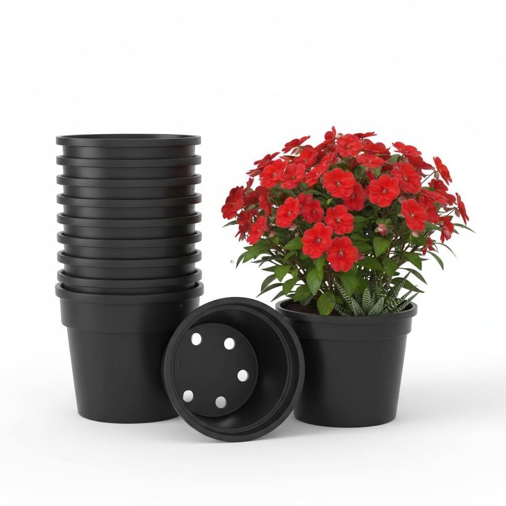 Guruji Plantation Round Black Plastic Plant Pot with Drainage Hole for Indoor and Outdoor Gardening (8 Inch, Pack of 5 Pieces)-image-2