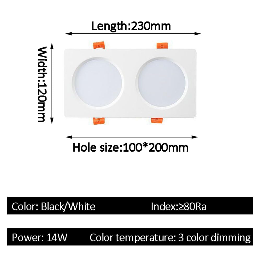 Panel de Techo Cuadrado de Doble Cabezal de 14 W, Regulable, para Uso Comercial y doméstico, luz LED empotrable de Aluminio Blanco, Downlight LED empotrable, Blanco,White