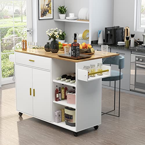 Pakasept Kitchen Island On Wheels - Portable Kitchen Cart With Drop Leaf And Lockable Casters, Rolling Kitchen Island With Wine Rack/2 Tier Open Shelves/1 Drawer/2 Large Cabinets #TOP2