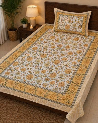 Image of Mafatlal 144 TC Heritage High Thread Count 100% Cotton Handcrafted Premium Spring Bedsheet (90x60 Inch) - Traditional Jaipuri Rajasthani Hand Block Printed Bed-Sheet with Pillow Cover | Lemon Yellow