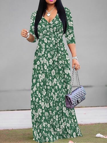 Image of PinkPatty Plus Size Maxi Dress for Women Casual V Neck 3 /4 Sleeve Boho Printed Long Dress with Pockets