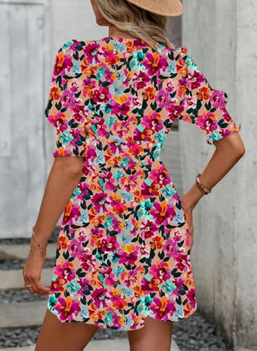 Image of Dokotoo Summer Dresses for Women 2025 Sexy Wrap V Neck Short Puff Sleeve Elegant Floral Smocked Waist Flowy Mini Dress