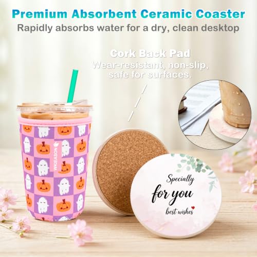 Image of WKIEASON Iced Coffee Sleeve Halloween Cup Sleeves Ceramic Coaster Gift Set