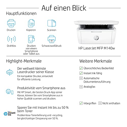 HP LaserJet MFP M140w Multifunktions-Laserdrucker, Monolaser, Drucker, Scanner, Kopierer, Duplex-Druck, DIN A4, WLAN, Airprint, Schwarz-weiß-Drucker, HP Instant Ink für Toner verfügbar – Bild 3