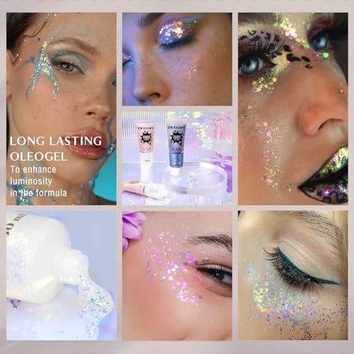 Body Glitter Gel,Holographic Face Glitter for Woman White Shimmer Chameleon Mermaid Chunky Sequins Color Changing Glitter Gel Sparkling Festival Party Accessories Hair Eyes Lips Makeup-Gold - Image 7