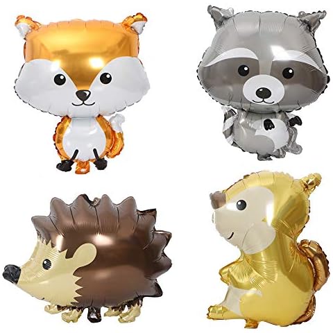 HORUIUS Woodland Animal Balloons Fox Hedgehog Squirrel Raccoon Foil Mylar Balloon for Baby Shower Kids' Boys Woodland Animals Theme Birthday Party Supplies Decorations 4PCS Cover