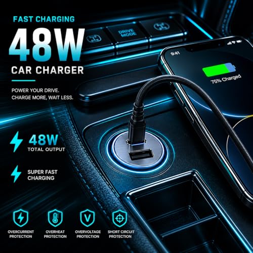 Image of Ailkin 48W Dual Output Car Charger Fast Charging with Type-C PD (36W) & USB(12W), Charging Adapter Compatible with Cars for iPhone 17 /16 /15 & Android Smartphone, Smartwatch, Earbud, Power Bank