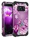 Lontect Compatible Galaxy S7 Case Floral 3 in 1 Heavy Duty Hybrid Sturdy Armor High Impact Shockproof Protective Cover Case for Samsung Galaxy S7, Black/Purple Flower