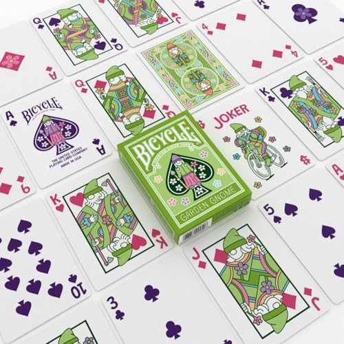 Image of Bicycle Garden Gnome Playing Cards Collectible Lawn Gnome Toys 1 Deck | Whimsical gnome-themed court cards, Custom cycling gnome card backs, Hidden gnomes in pip artwork, Made in USA