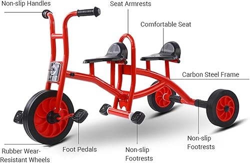 Miniatura 4 de Triciclo en tándem rojo, D, para niños, para 2, bicicleta de pedaleo de doble asiento, diseño antipunta con ruedas de goma sin inflado, juguete para