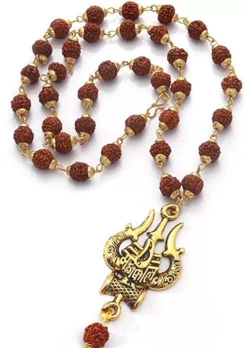 Rudraksha Mala Trishul For Men गोल्ड प्लेटेड रुद्राक्ष माला Rudraksha Mala Mahakal With Damru Bhole Baba Ki Pure Rudraksha Mala Gold Plated Real Mahadev Rudraksha Mala For Puja Dhyaan