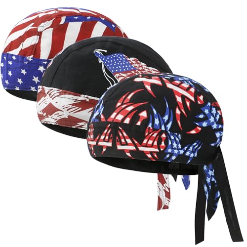 Yafacuha 3 Pcs Do Rags for Men Skull Cap Breathable Moisture Wicking Pirate Hat Helmet Liner Running Cotton Hat for Women Multi