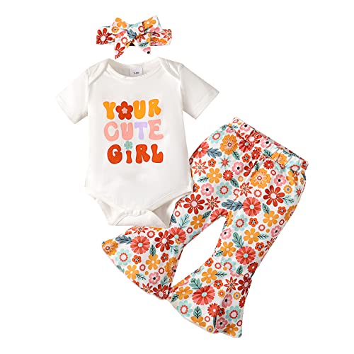 Image of Tokidaring Infant Baby Girl Romper Bodysuit Tops Flared Bell Bottom Pants Cute Summer Outfits with Headband 0-18M