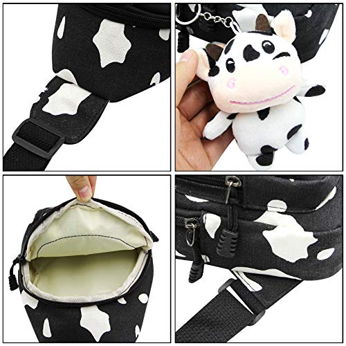 Unisex Canvas Daypack, Cartoon Printed Cows Chest Bag, Small Sling Bag with Hanging Pendant for Women Men, Black3