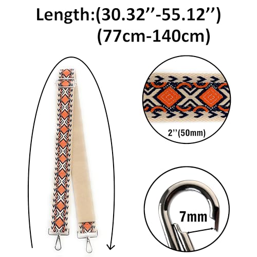 Image of Ivory Orange Boho Diamond Purse Strap with Silver Hardware 2 Inch Wide Replacement Crossbody Guitar Style Shoulder Strap for Handbags Totes