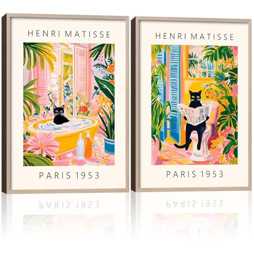 2Pcs Wood Framed Matisse Black Cat Wall Art Decor Painting Modern Art Canvas Print Vintage Color Poster Bathroom Bedroom Living Room Wall Decor Gallery Style Home Artwork 16X24Inch