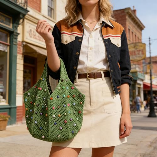 Image of Boho Crochet Beach Tote Shoulder Bag with Colored Beads | Colorful Aesthetic Hippie Knit Bag for Women