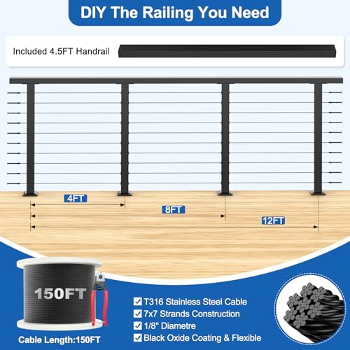 Image of 4ft-8ft Complete Set 36 inch Cable Railing Post with Handrail Cuttable, 2 Pack Surface Mount Flact Top Level-Drilled Posts, 150ft 1 /8 inch Wire Rope, Swageless Black Cable Railing System Kit, MY20-LP