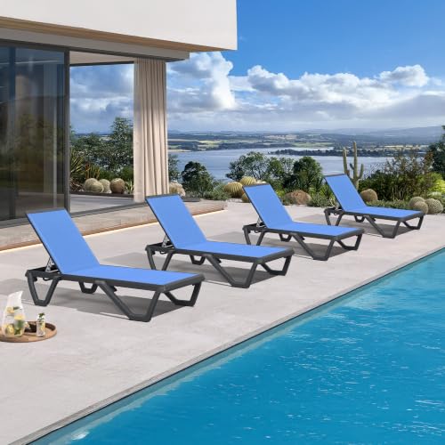 Image of PURPLE LEAF Outdoor Chaise Lounge Set of 4 Plastic Patio Chair, Royal Blue | UV Textilene Fades Less, Plastic + Glass fiber Legs, Aluminum Frame, 5 Recline Angles, 5% Wider Seat, Stackable, Lightweight