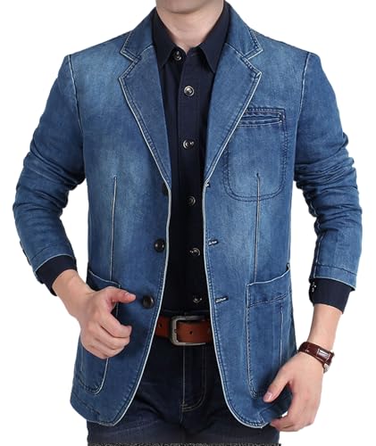 SOMTHRON Men's Classic Notched Collar 3 Button Denim Jacket Single Breasted Distressed Business Blazer Sport Coat3