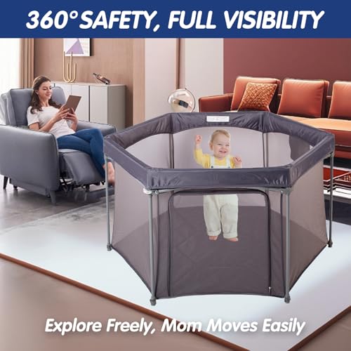 Image of Baby Playpen 53x53 Inch, Indoor /Outdoor Portable Play Yard No Extra pad Required with Breathable Mesh Walls, Enclosed Safe Space for Babies, Quick Foldable Playpen for Home Travel Park (Grey)