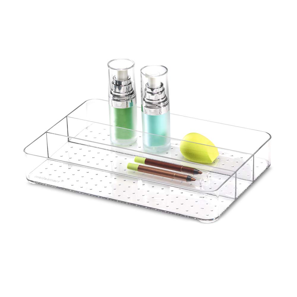 Bandeja de almacenamiento debajo del fregadero, bandeja de compartimento con tres secciones espaciosas, forro de agarre suave, base antideslizante, duradera y fácil de limpiar, color blanco 2