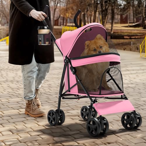 Image of Magshion Compact Fold Pet Travel Stroller for Small Dogs Cats, Pink | Up to 22lbs, 4-Wheel Lightweight Umbrella Shaped Design, Safety Tethers, Breathable Mesh, Cup Holder & Rear Storage