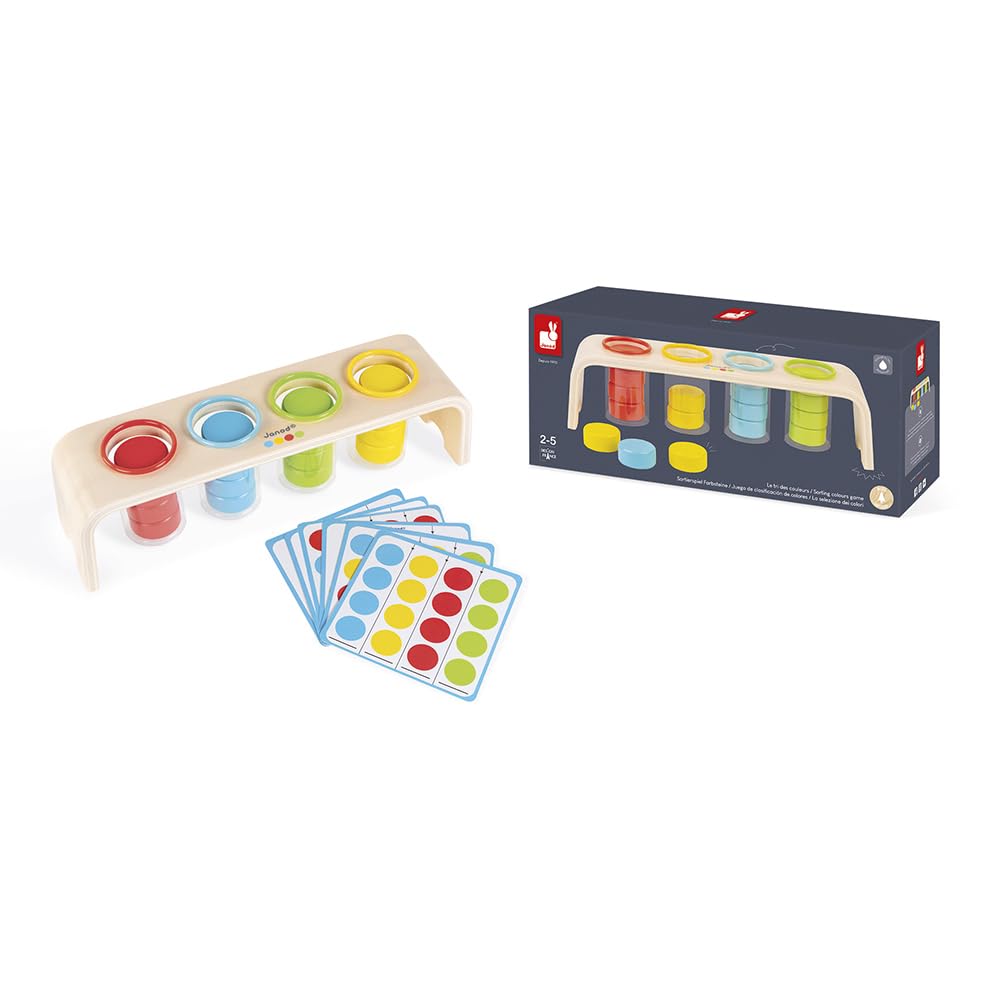 Janod - Essential - Colours Sorting - Wooden Early Learning Educational Game - Teaches Colours and Fine Motor Skills - Water-Based Paint - Ages 2 and Up, J05066