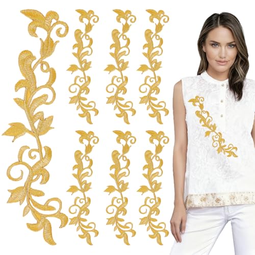 letsinstyle 8 Parche Termoadhesivo Bordado con Hojas Metálicas, Parches Bordados de Flores Doradas, Adornos de Accesorios de Costura para Reparación de Ropa Y Decoración Artesanal de Costura DIY