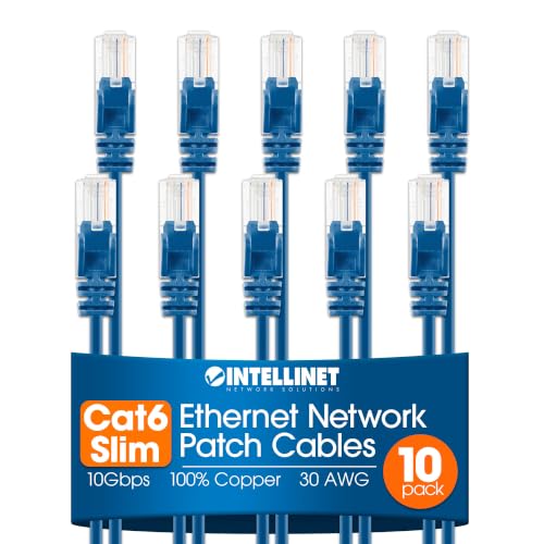 Image of Intellinet Slim Cat6 Ethernet Network Patch Cable - 10-Pack - 10Gbps & 250MHz, Snagless Boot, 30AWG Pure Bare Copper Wire, Gold-Plated Contacts, Lifetime Mfg Warranty - 20ft, 10 Pack, Blue