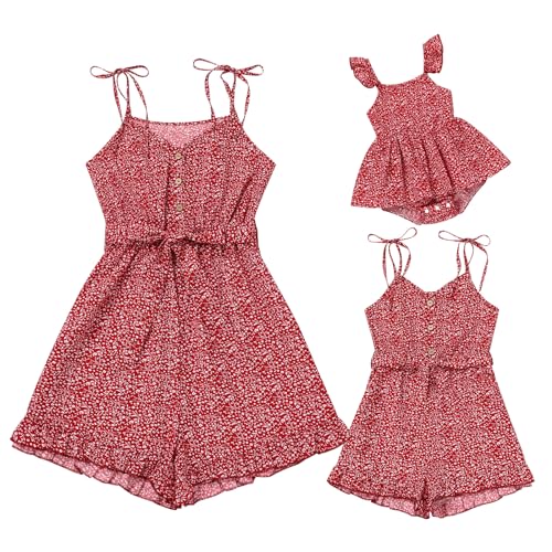 Image of AWIBMK Mommy and Me Outfit Floral Tie Strap Family Matching Jumpsuit Romper Sleeveless Summer Clothes for Mother and Daughter