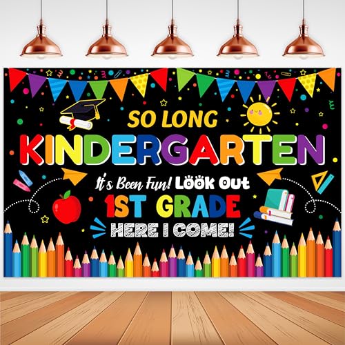 Actilize Kindergarten Graduation Party Decorations So Long Kindergarten Backdrop Banner Class of 2026 Party Supplies Grad Photography Decor Black and Colorful Fabric Material