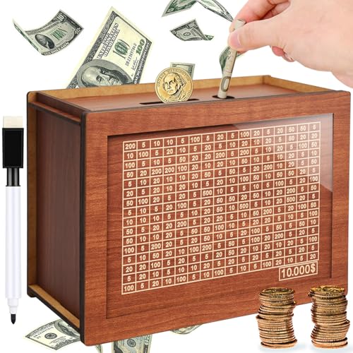 $10000 Cash Vault Wooden Savings Box,Wooden Savings Box with Money Target & Numbers,Retro Cash Saver Box, Reusable Coin Counter Piggy Bank