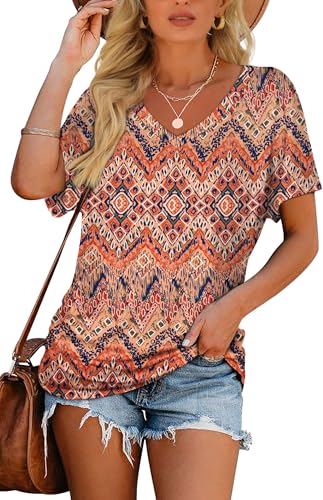 Image of WIHOLL Womens Summer T-Shirts Short Sleeve V Neck Dolman Tops with Side Shirring Loose Fit Shirts Spring Fashion