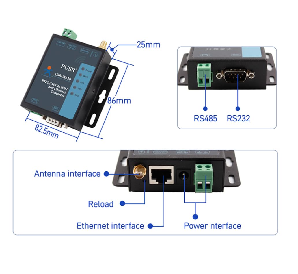 USR-W610 Convertisseur sans fil Serial to WiFi Ethernet Convertisseur RS485/RS232 WiFi Serial Server Support Modbus Gateway Réalisez des données série et paquet de données TCP/IP Transmission