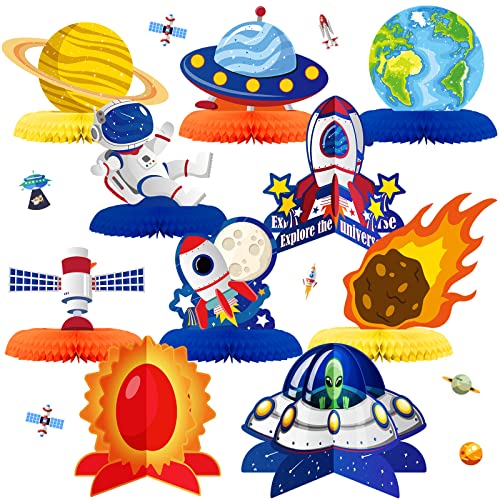 10 Pieces Outer Space Party Decorations Outer Space Honeycomb Centerpiece Astronaut Rocket UFO Planet Table Topper Space Party Table Decoration for Space Theme Birthday Baby Shower Supplies