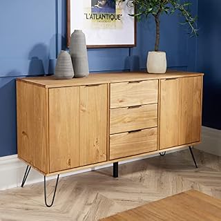 Home Source Industrial Sideboard Cabinet Cupboard Storage Furniture Drawers & Doors, Solid Wood, 3 Drawer