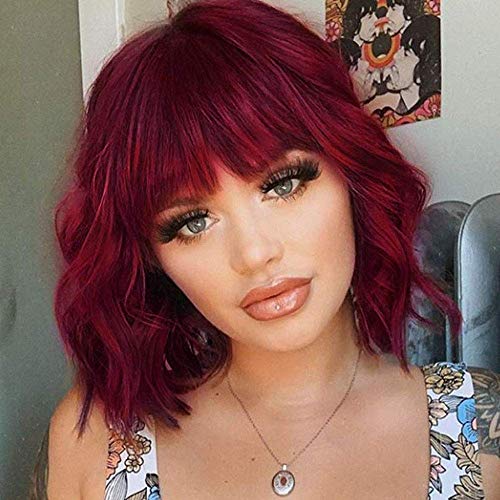 izhenwo Wavy Bob Wig with Bangs Short Wine Red Bob Shoulder Length Wigs for Women Red Curly Bob Style Synthetic Heat Resistant Bob Wigs Costume Cosplay Use(Wine red)
