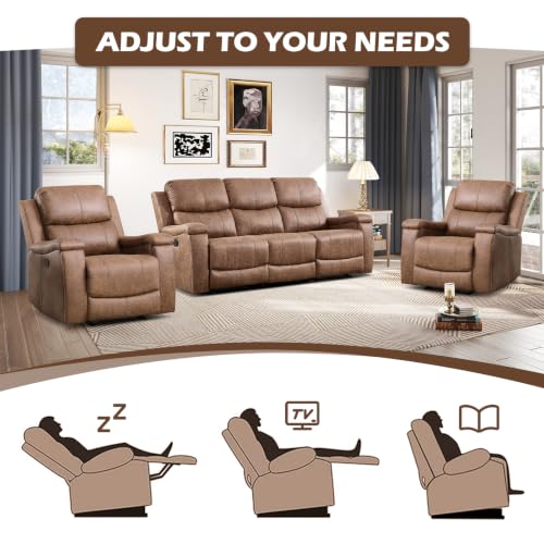 Image of CANMOV Faux Leather Manual Reclining Sofa Furniture Set, 2 Manual Recliner Chair and 3 Seat Recliner Sofa Couch Set for Living Room,Nut Brown