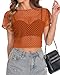 Womens Sheer Mesh Top Fishnet T Shirts Short Sleeve See Through Casual Crop Tops(Orange,M)